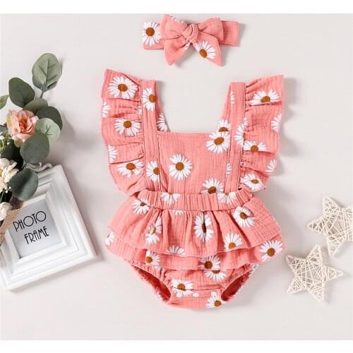 0-2 Years Summer Baby Girls Two-Piece Elastic Clothes Set Sweet Cute Newborn Daisy Floral Printed Sleeveless Romper + Headband