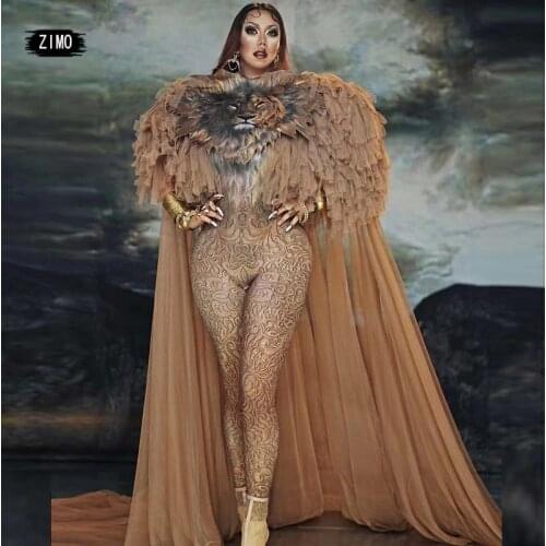 Female man Singer Stage Wear Printing tiger Stretch Jumpsuit Long Cloak Outfit Dancer Models prom nightclub drag queen costumes