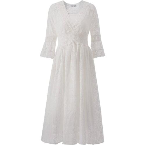 2021 New Spring Summer White V-neck Openwork Lace Dress Women Half Sleeves Beach Fairy White Party Dress Female Vestidos X590