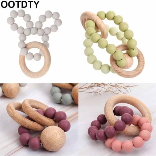 Baby Teether Baby Gym Rattle Toy Bunny Ear Teether Natural Wood & BPA-Free Silicone Beads Teething Ring Chew Toy Shower Gift