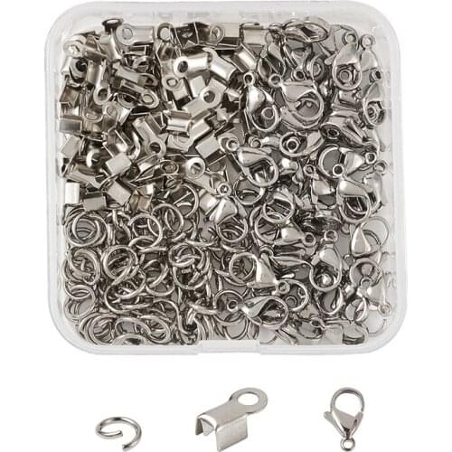 1 Box 304 Stainless Steel Fold Over Crimp Cord Ends/Lobster Claw Clasps/Jump Rings for Jewelry Making DIY Bracelet Necklace