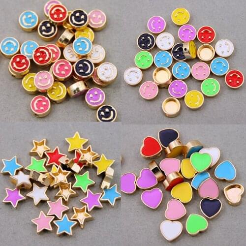 10pcs 8/13mm Enamel Happy Smile Face Heart Star Bead,DIY KC Gold Brass Colourful DIY Bracelet Components Accessories Supplies