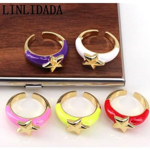 10Pcs Luxury jewelry rings color enamel brass rings gold star in the middle design open size finger rings for women