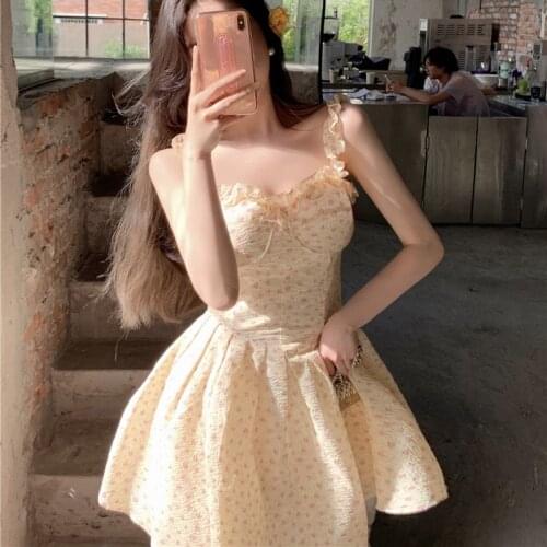 2021 Japanese Women Mini Party Dress Summer Vintage Ruffles Suspenders Sweet Backless Floral Print Fairy Dress Feminine Dresses