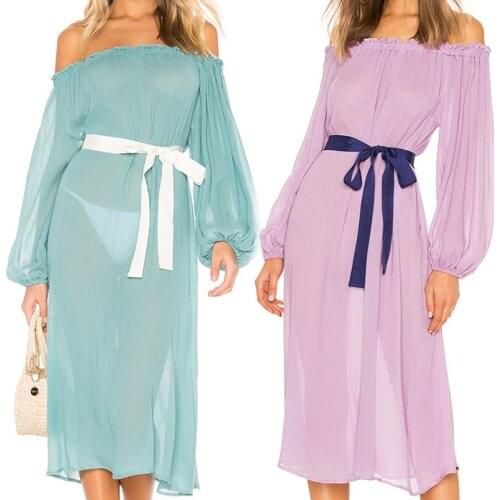 2021 Sexy Cold Shoulder Sheer Chiffon Tunic Beach Dress For Woman Summer Beachwear Swimsuit Cover Up Sarong Robe De plage #Q742