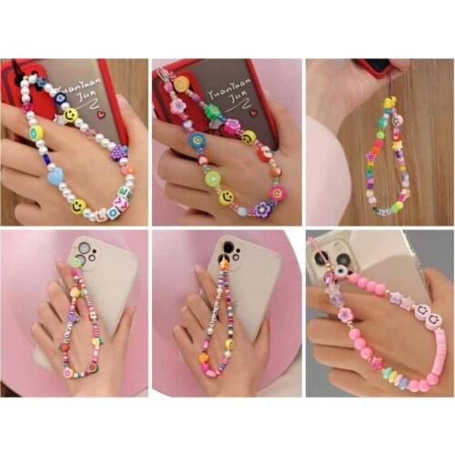 Disc Beads Crystal Chain For Phone Mobile Lanyard Smile Phone Chains Letter String Wristband For Cell Phone Case Hanging Cord