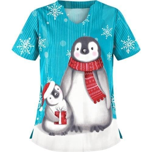 Adult V-neck Christmas Print Beauty Salon Beautician Uniform Lab Uniform Pet Shop Scrubs Tops Work Clothes Streetwear Clothing