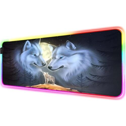 Two Wolf Head Fantasy RGB Mouse Pad Computer Mouse Pad Large Mouse Pad Desktop Mouse Pad LED Mouse Pad Backlit Keyboard Mousepad