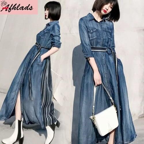 Denim Dress Female 2020 New Summer Thin Lace-Up Stitching Turn-Down Collar Single-Breasted Ankle-Length Women Denim Dress