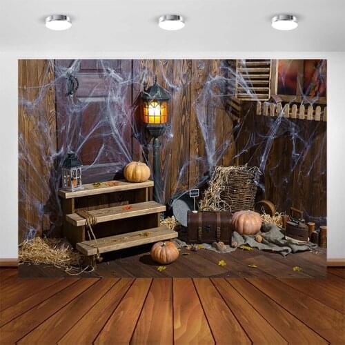 Halloween Backdrop Pumpkin Lanterns Spider Web Kids Children Party Background Autumn Rustic Wooden Floor Photo Studio Backdrop