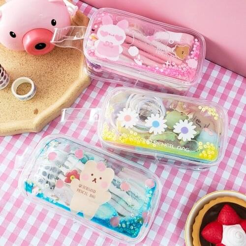 Kawaii Quicksand Pencil Case High Capacity Pencil Bag Transparent Pen Case Glitter Pencilcase For Girls Pen Box School Supplies