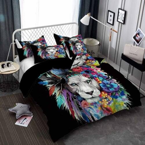 Lion With Feather Bedding Set Colored Drawing Duvet Cover Sets Comforter Bed Linen Twin Queen King Single Size Dropshipping