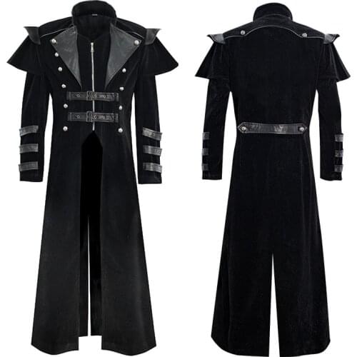 Medieval Steampunk Assassin Elves Pirate Costume For Adult Black Vintage Long Split Jacket Gothic Armor Leather Coats Suit