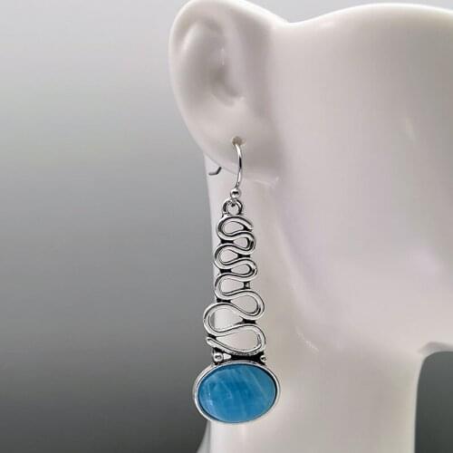 Creative Wavy line Metal Blue Opal Stone Dangle Earrings Vintage Long Drop Dangle Hollow Out Antique Silver Color Earring Gift