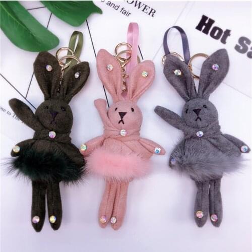 Creative Mink Plush Skirt Rabbit Keychain Crystal Rhinestone Cute Bunny Key Chain Ladies Car Bag Keychains Jewelry Gift