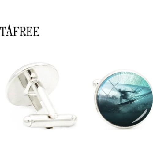 TAFREE Trendy sport surf Cufflinks Art Picture Cuff links Handmade Men Accessories Vintage Glass Dome Jewelry SF05