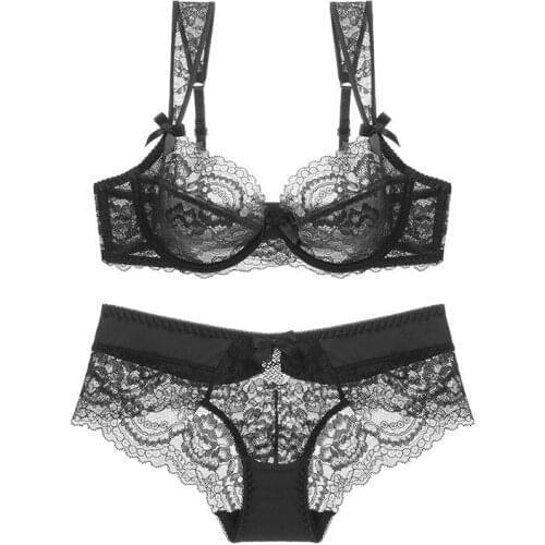 New ultra-thin lace sexy lingerie beautiful shoulder bra transparent gathered bra set comfortable breasts large size