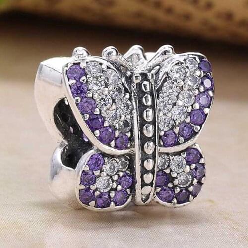 Original Animal Bead Lavender Pave Butterfly With Crystal Beads Fit 925 Sterling Silver Bead Charm Bracelet Diy Jewelry