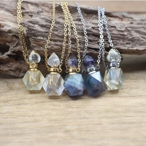 Faceted Fluorite Mini Perfume Bottle Pendant Necklace Lemon Quartz Citrines Essential Oil Vial Charm Chains Women Jewelry QC1100