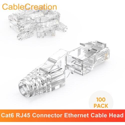 Cat 6 RJ45 Connector, CableCreation 8P8C Modular Cat 6 Ethernet Network Plug with Hood Connector, Transparent Gold-Plated Plug