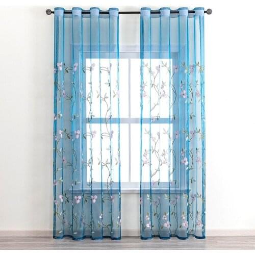 Modern Floral Sheer Curtains for Living Room Bedroom Tulle Curtains Blue Voile Curtains Panel Window Treatments Home Decor