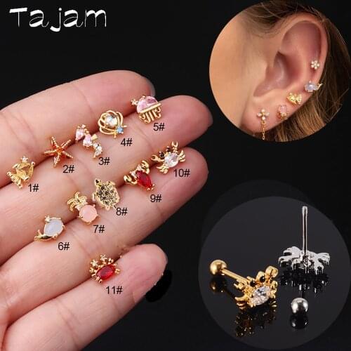 1PC Summer Women Ocean Series Cz Zircon Cartilage Helix Steel Earring Cute Animals Ear Studs Body Piercing Jewelry 20G