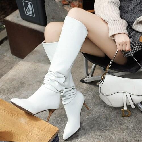 Women Pleated Knee High Boots Sexy Pointed Toe Ladies Slouchy Boot Classic Slip On Thin High Heels Dress Shoes Woman New 2021
