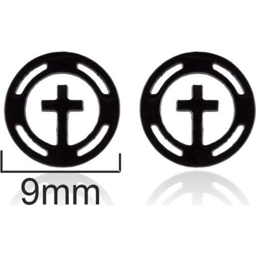 Punk Black Geometric Circle Earrings Women Cross Stud Earring Jesus Religious Gift kolczyki Stainless Steel Piercing Ear Jewelry