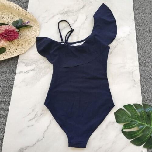 One Piece Swimsuit Female Solid Sexy One Shoulder Hollow out Swimwear Women Ruffle Bandage Print Bathing Suit 2019 Monokini