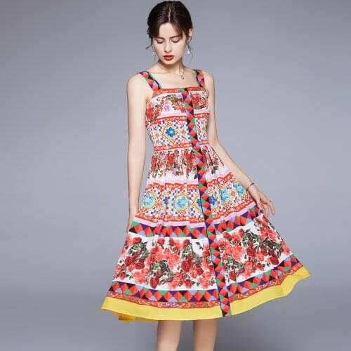 Runway Designer Summer Spaghetti Strap Boho Dress Womens Charming Flower Print Midi Dresses Vestdios k8801