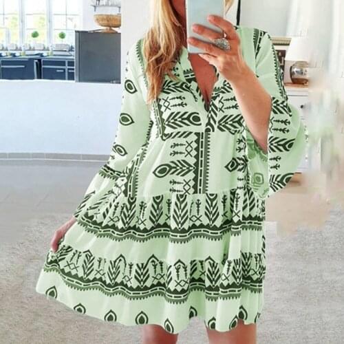 2021 Autumn Print Dresses For Womens Sexy Deep V Neck Casual Loose Big Swing Flared Sleeve Ladies Fashion Chic Dress Robe Femme