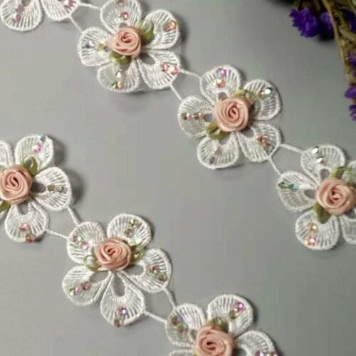 1yard Rhinestones Embroidered Fabric Lace Soluble Polyester Flower Diamond Trim Ribbon Handmade DIY Sewing Costume Decoration