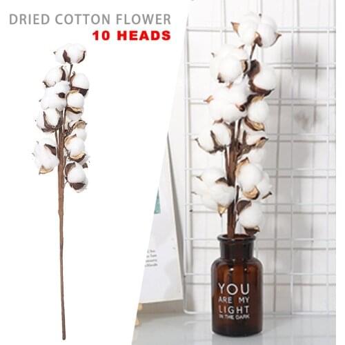 10 Heads Dried Cotton Flower Branch Artificial Cotton Decor For Wedding Household Plants Stem Floral Natural White Flowers