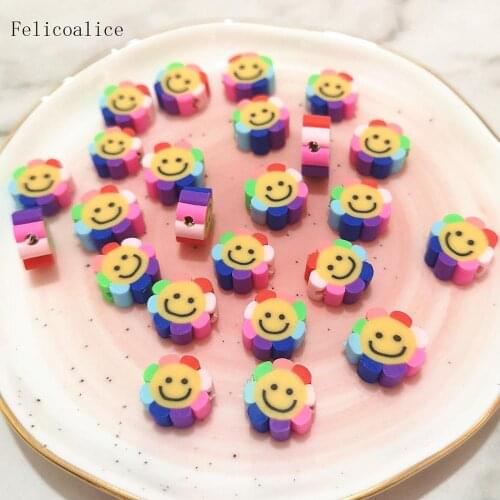 100pcs 10mm Rainbow Smiley Flower Polymer Clay Loose Beads Charms for Jewelry Making DIY Girls Bracelet