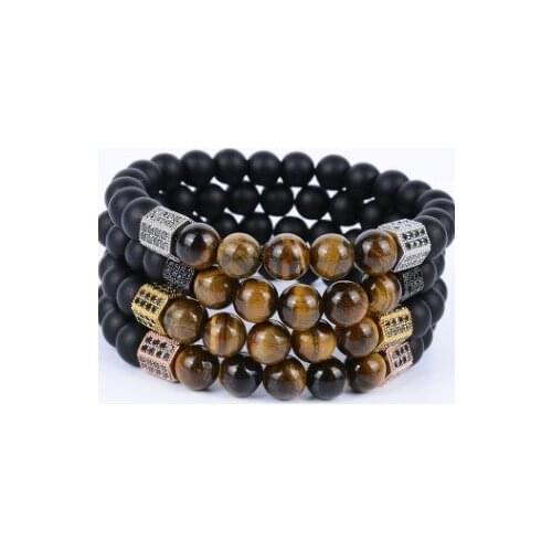 8mm gg2 silver gold copper tube micro pave cz zircon cubic zirconia Bracelet yellow Tigereye black Frosted agate Onyx bead