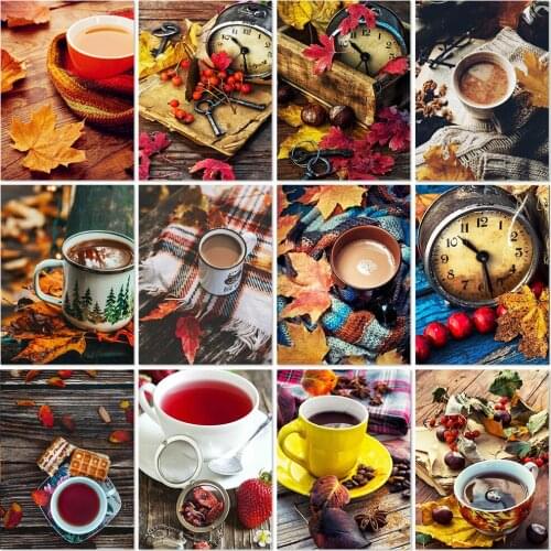 Full Square 5D Diamond Painting Coffee Diy Diamond Embroidery Maple Leaf Landscape Cross Stitch Kit Rhinestone Mosaic Home Decor