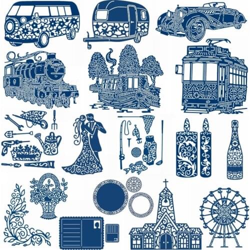 Cars Ship Couple Candle Bottle Ferris Wheel Church Fishing Tool Flower Basket Letter Round Frame Metal Cutting Dies Make Cards