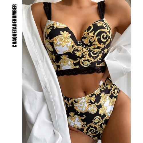 High Waist Bikini 2021 Women Lace Print Swimsuit Summer Pure Color Swimwear Two-pieces Bikini set Ribbed Bather Bathing Suit