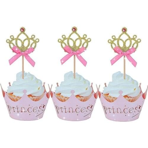 Glittery Cupcake Toppers Crown Princess Wrapper Baby Shower Cake Birthday Wedding Valentine Party Decorations Supplies