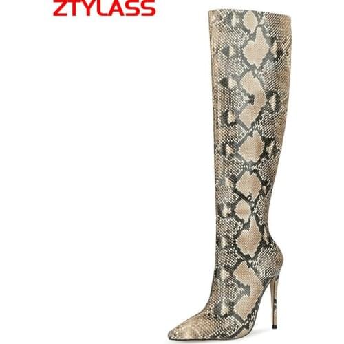 Black White Apricot Women Boots Sexy Thin High Heel Knee High Boots Fashion Zipper Snake Print Pointed Toe Boots Autumn Winter