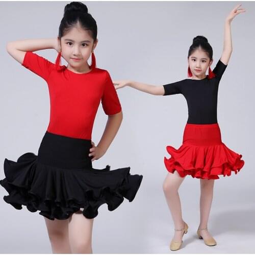 Children Girl Practice Latin Dancing Dress Competition Performance Clothes Red Black Stitching Latin Dress Girl Dancewear Skirt