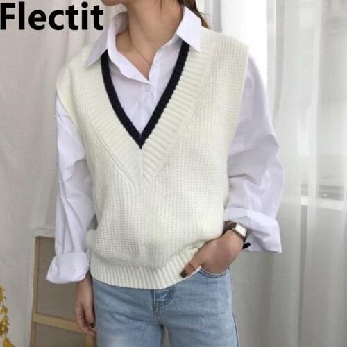 Flectit Womens Sweater Vest Prep Style V-Neck Knit Vest Fall Winter Trend Outfit