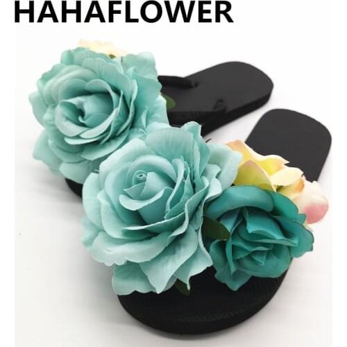 HAHAFLOWER New Women Summer Bohemia Flat Slippers Female Beach Flowers Flip Flops 1.5CM Floral Sandals Slipper size 35-45