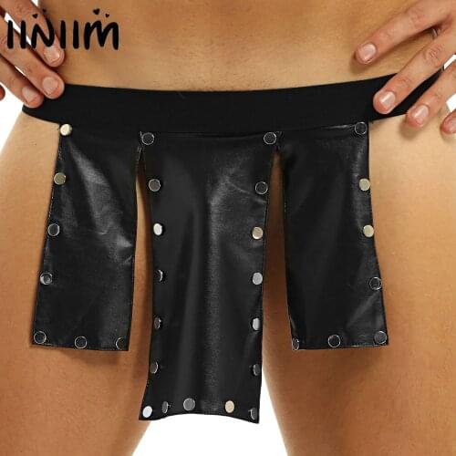 Iiniim UK STOCK Sexy Mens Lingerie Novelty Scotland Gay Panties 6 Panel Faux Leather Low Rise Studded Kilt Underwear Skirt