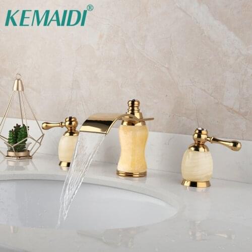KEMAIDI Gold Plated Bathroom Bathtub Faucet 3 Pcs 2 Lever Golden Jade Stone Handles Brass Bathroom Basin Sink Tap Mixer Faucet