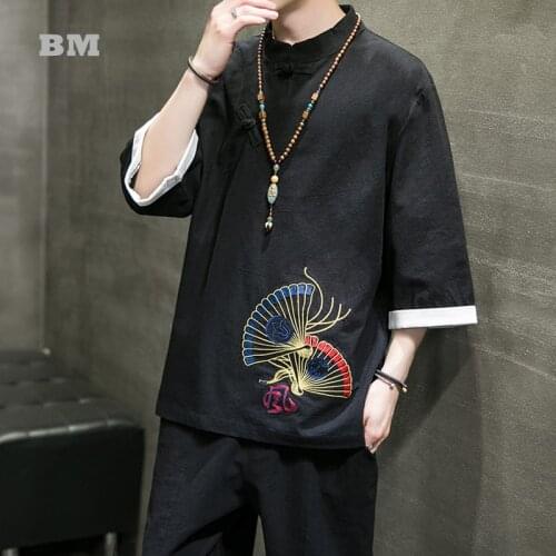 Chinese Style Thin Tang Suit Summer Short Sleeve Loose Plus Size Fan Embroidery Shirt Cotton Linen Cardigan Oversized Kimono Men