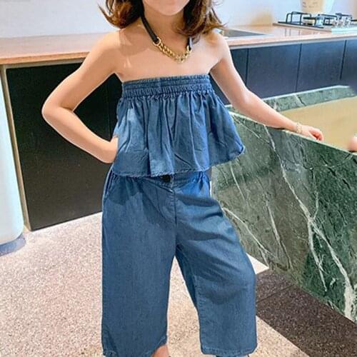 Baby Girl Clothes Girls' Lightweight Imitation Denim Suit Short Elastic Top+Nine-Point Pants Summer New ChildrenS Clothing Sets
