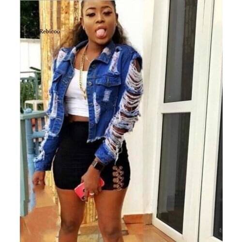 Plus Size Womens Jacket Solid Color Ladies Denim Jacket Slim Short Big Hole Womens Jacket Spring Autumn New