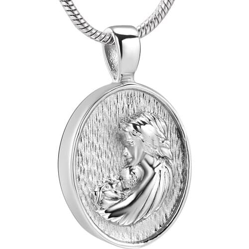 Mother and Child Love Cremation Memorial Jewelry 316L Stainless Steel Round Keepsake Pendant Necklace for Human Funeral