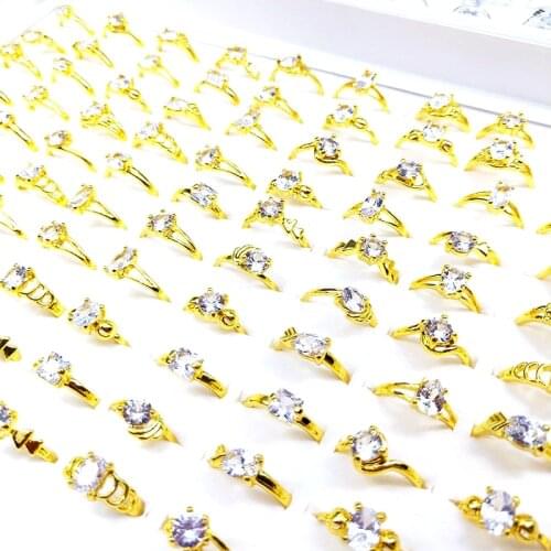 MixMax 50pcs/Lot Womens Ring Rhinestone Zircon Stone Silver Color Gold Plated Fashion Jewelry Rings Party Gifts Wholesale Lot